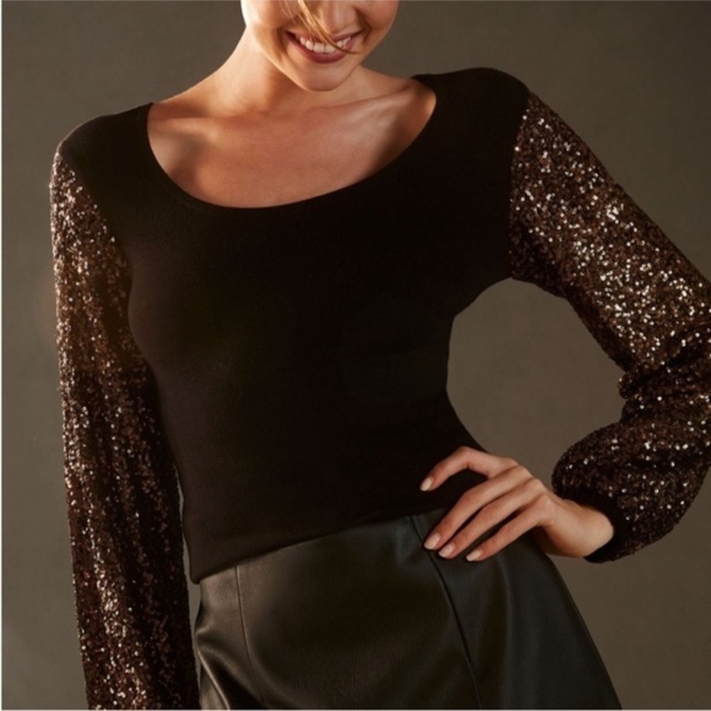 NWOT Blank London Anthropologie Womens Gold Sequin Sleeve Sweater in Black Small